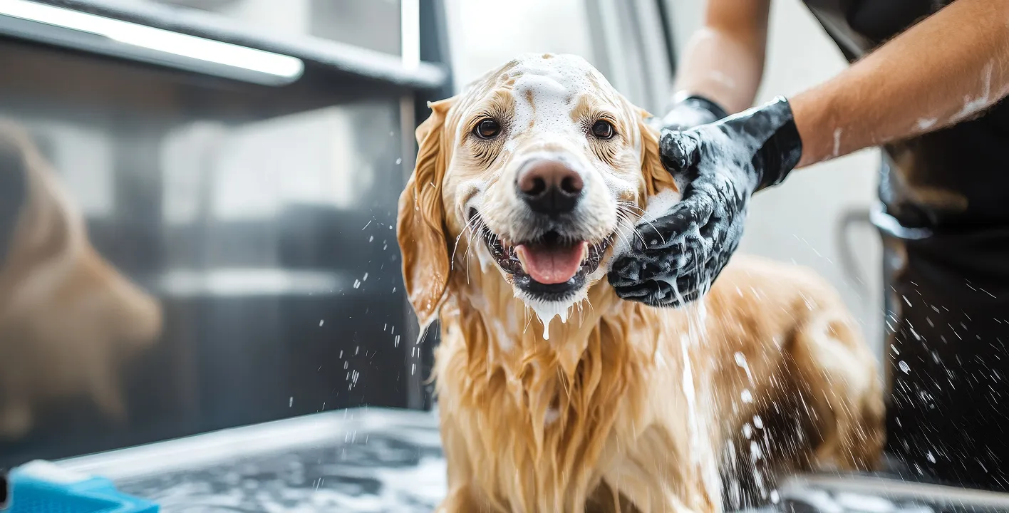 Golden retriever getting brushed out